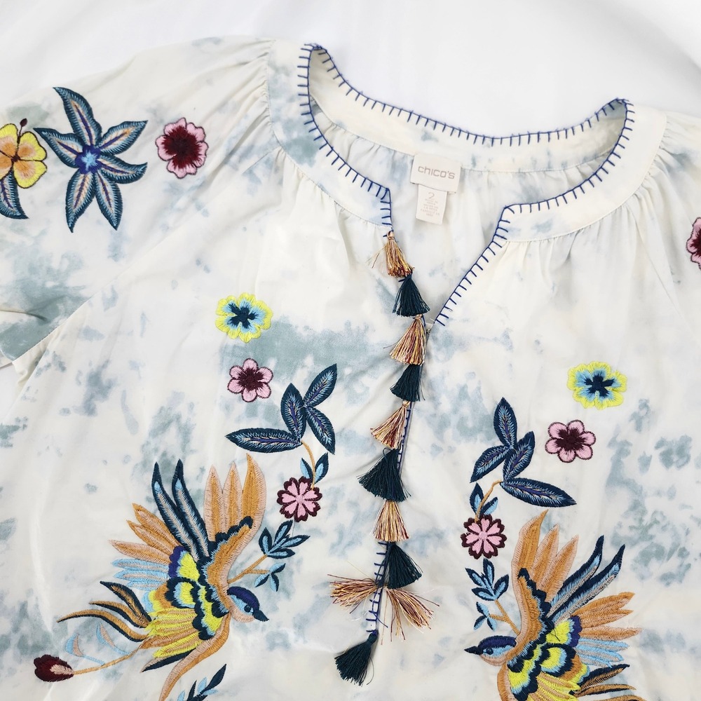 Chicos Womens Boho Peasant Embroidered Tassel Top Size 2 (L) Artisan Bird Floral